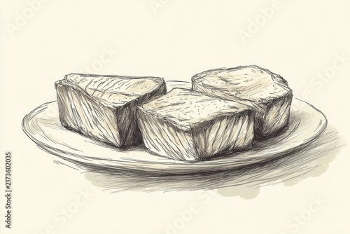 Hand-drawn sketch of three raw fish steaks on a plate