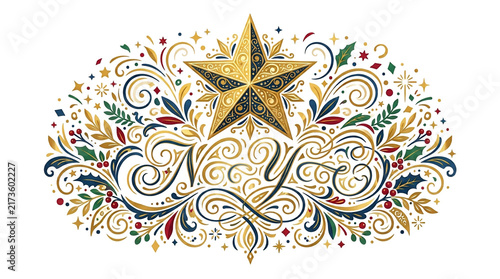 New Year greeting card design with golden star and ornate swirls, isolated on transparent background.