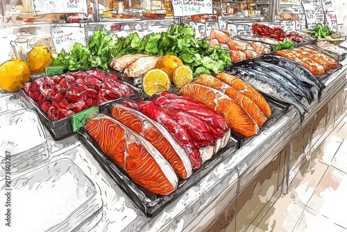 Fresh Fish and Meat Displayed at a Vibrant Market