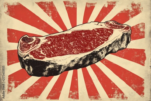 Bold Vector Art of Raw Beef Steak with Retro Sunburst Backdrop