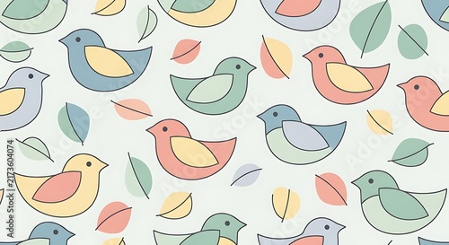 Cute pastel bird pattern with leaves for fabric design background seamless