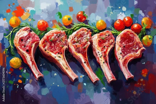 Artistic Depiction of Raw Lamb Chops with Vibrant Colors