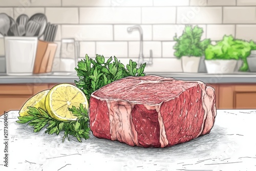 A Raw Beef Steak on a Kitchen Counter with Lemon and Parsley