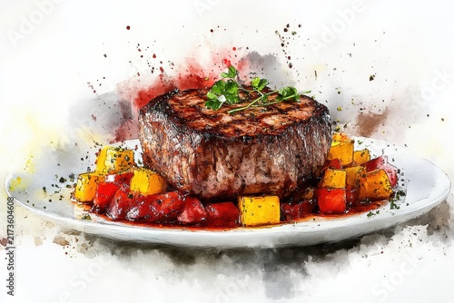 A Perfectly Cooked Steak with Vegetables on a Plate, Digital Watercolor Style