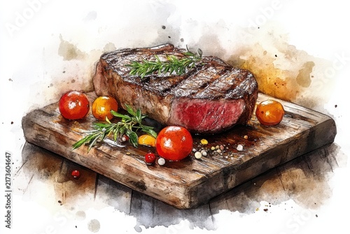 A Juicy Raw Steak with Tomatoes and Herbs on a Rustic Wooden Board