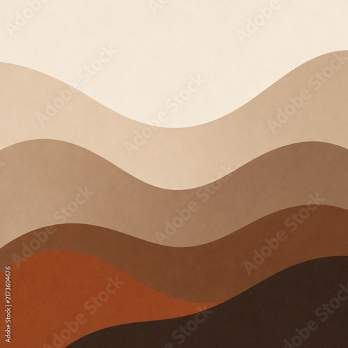 Minimal Abstract Wave Background in Earth Tones. Minimalist abstract composition of smooth overlapping waves in beige, tan, brown, terracotta and dark brown. The layered organic forms create a sophist