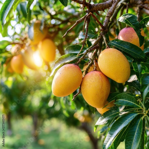 Ripe mangoes hanging on a tree branch with sunlight filtering through leaves
