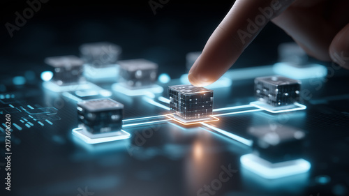 A fingertip touching a connected digital node represents network control decentralized technology and modern data infrastructure.
