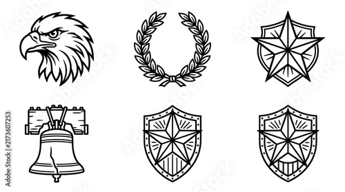 Patriotic outline icons set isolated on transparent background with eagle and liberty bell design