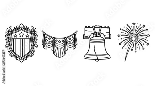 Patriotic vector icons isolated on transparent background featuring shield and fireworks design