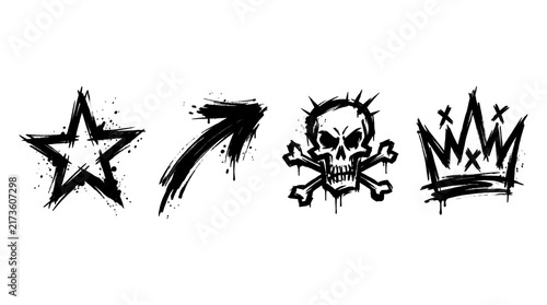 Punk graffiti doodle elements isolated on transparent background with skull and crown imagery