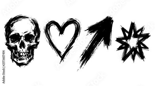 Urban brush graphics set with skull heart and star isolated on transparent background design