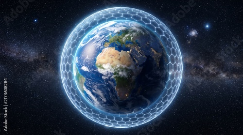 Earth protected by a glowing hexagonal shield in dark outer space with cosmic stars and galaxy background