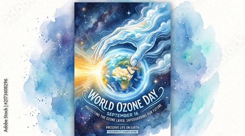 World Ozone Day watercolor poster design with a protective hand shielding the planet Earth