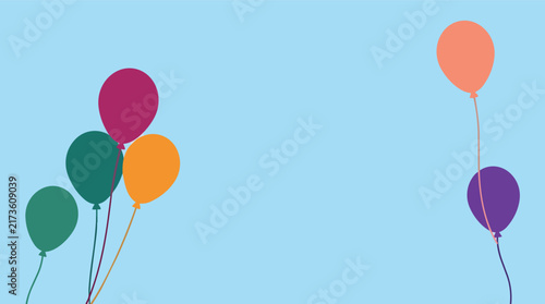 Colorful festive balloons floating in clear blue sky background in modern flat vector style for birthday party invitations