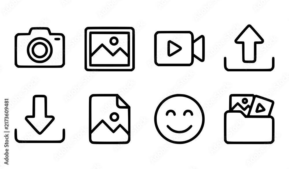 Fototapeta premium Title: Media and file management linear icon set line art vector icons for photo video gallery upload download folder emoji UI
