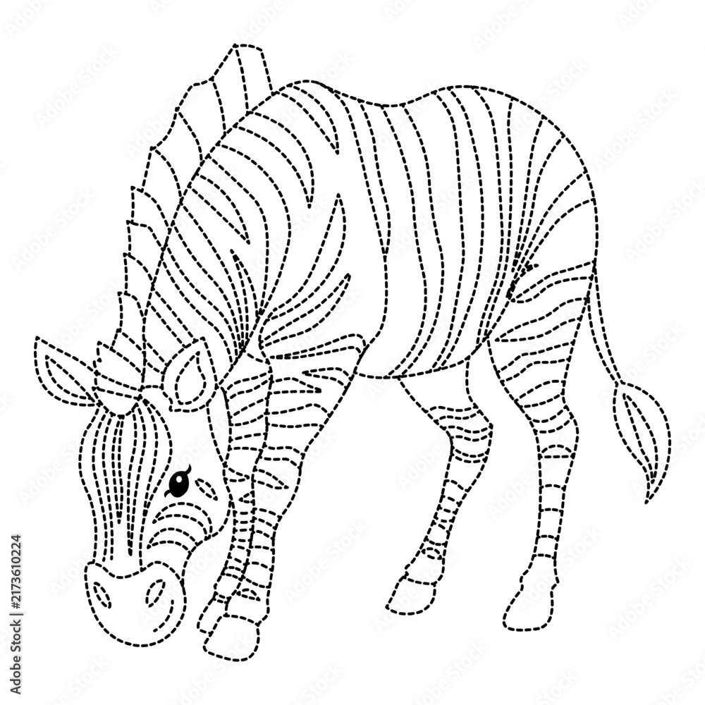 Naklejka premium Cute zebra grazing, adorable striped wild animal outline illustration for children coloring activities.