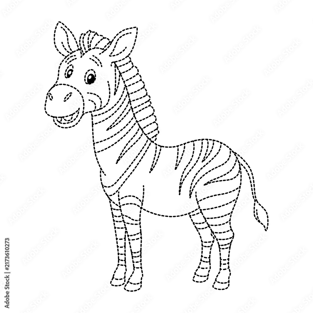 Naklejka premium Cute zebra standing sideways, adorable striped wild animal outline illustration for children coloring.