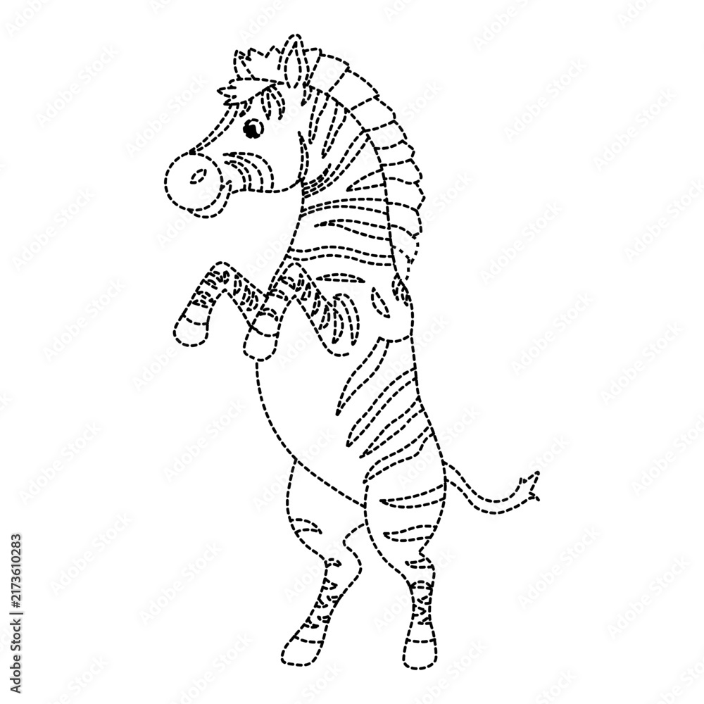 Naklejka premium Cute zebra standing on one leg, adorable striped animal outline illustration for children.