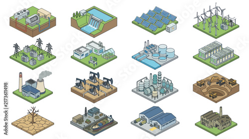 Isometric illustrations of various energy sources and industrial facilities.