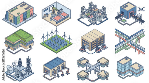Isometric illustrations of various industrial and technological buildings and infrastructure.