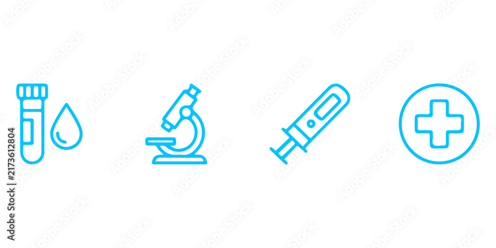 Obraz premium Medical science icons representing healthcare and research. Set of medical symbols including test tube, drop of liquid, microscope, syringe, and a cross in a circle, in a clean.