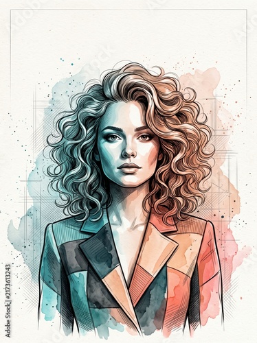 Portrait of a stylish woman with curly hair in a watercolor art style illustration