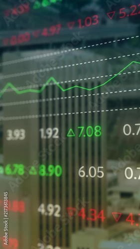 Animation of stock market and diagrams over cityscape