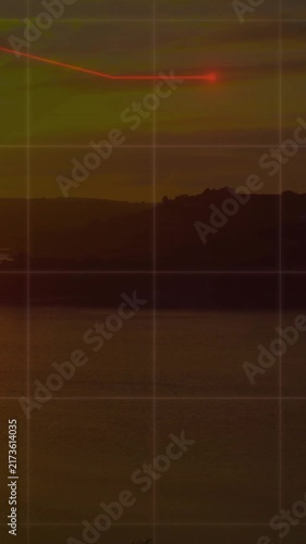 Red data points and lines animation over sunset landscape with water and hills