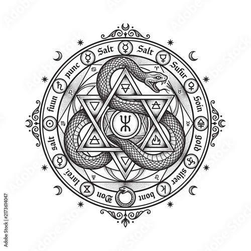 Foto Intricate alchemical serpent entwined through sacred geometry, elemental symbols