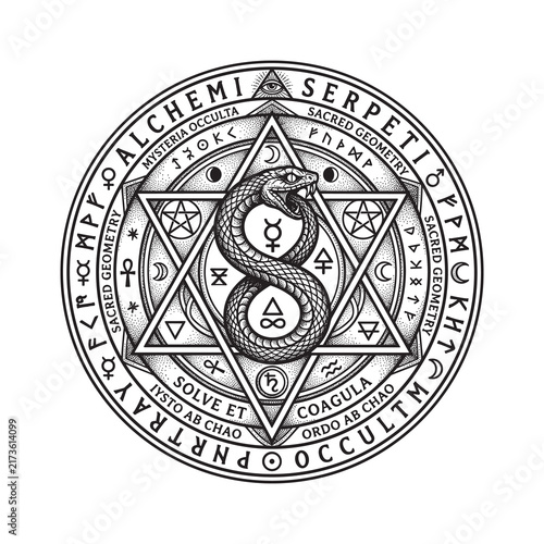 Cuadro en lienzo Intricate alchemical serpent within sacred geometry, pentagrams, lunar symbols,