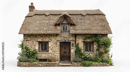Charming Thatched Cottage with Stone Walls and Climbing Plants