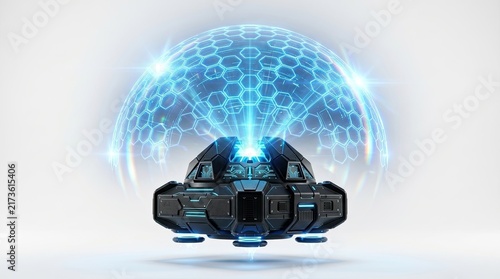 Futuristic Energy Shield Generator with Blue Hexagonal Dome