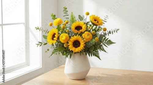 Bouquet of yellow sunflowers and greenery in a white ceramic vase on a table