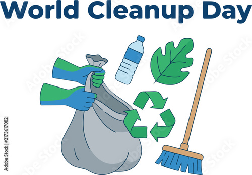 World Cleanup Day Illustration with Trash Bag and Broom