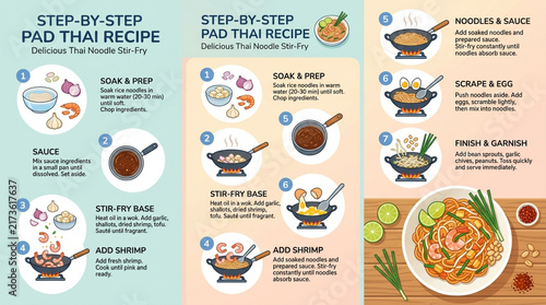 Step-by-Step Pad Thai Recipe Infographic with Cooking Instructions and Food Illustrations