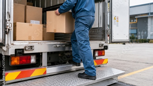 Obraz na płótnie 配送トラックの昇降台で段ボールを荷台に積み込む作業員の足元