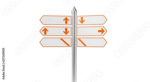 Blank orange arrow road signs on a metal pole for travel directions isolated on transparent background