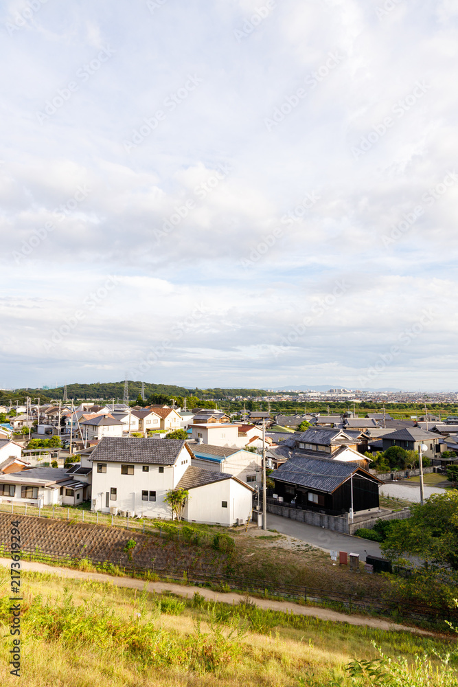 Fototapeta premium 平荘湖の散歩道から望む瓦屋根が連なる平荘町池尻（兵庫県加古川市）