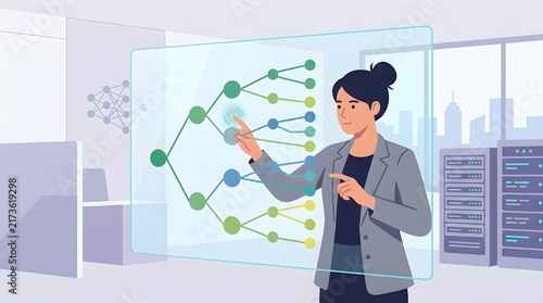 A professional business woman interacting with a futuristic decision tree diagram on a transparent digital touch screen.