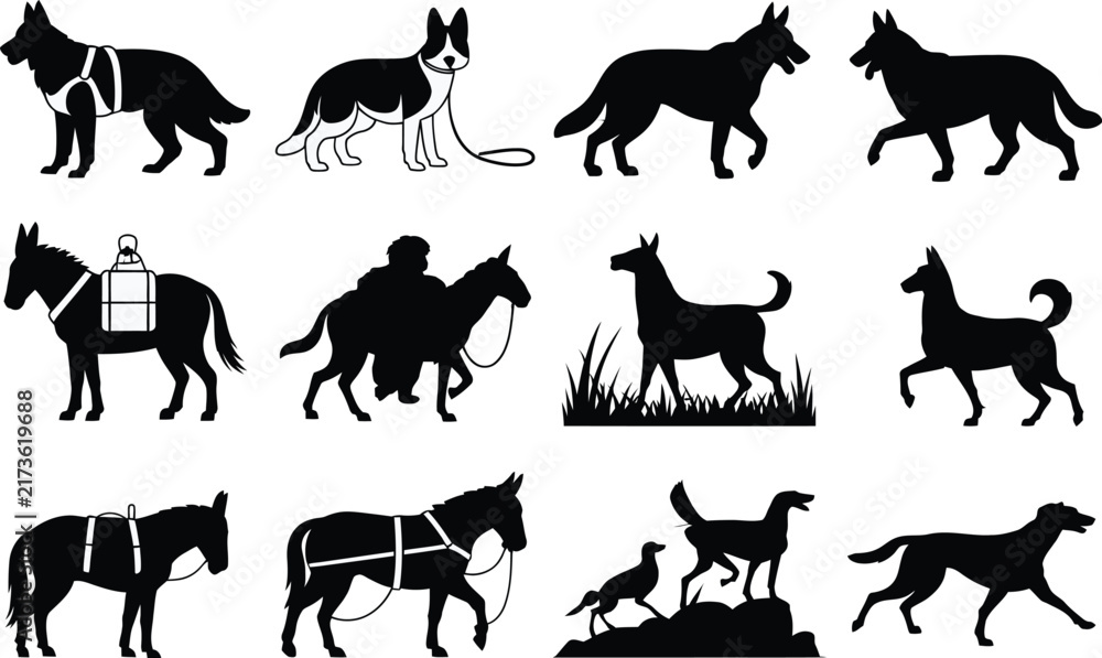 Fototapeta premium Working dogs and pack donkeys black silhouette collection featuring domestic animals, service canines, and burdened equines isolated on white