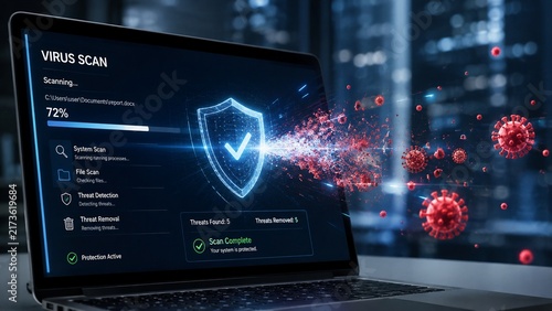 ノートパソコンの画面でウイルススキャンが行われウイルスが撃退されるサイバーセキュリティの概念