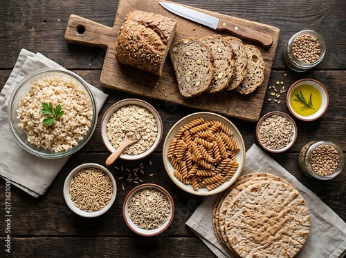 A rustic assortment of wholesome whole grain products including sliced artisan bread porridge pasta and flatbread arranged attractively on a dark wooden tabletop for healthy eating inspiration