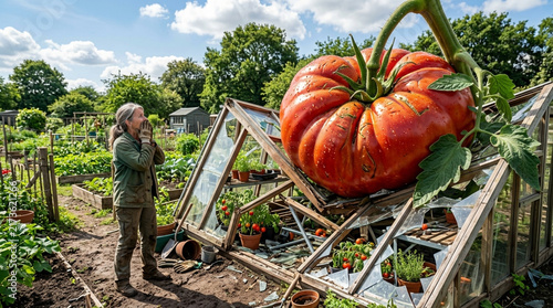Surprised Senior Woman Gardener Amazed by Giant Red Tomato Crushing a Greenhouse in Vegetable Garden