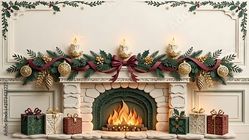 Elegant Christmas fireplace with glowing fire, evergreen garland, candles, ribbons, and wrapped gifts in layered paper-cut style on a warm neutral holiday background