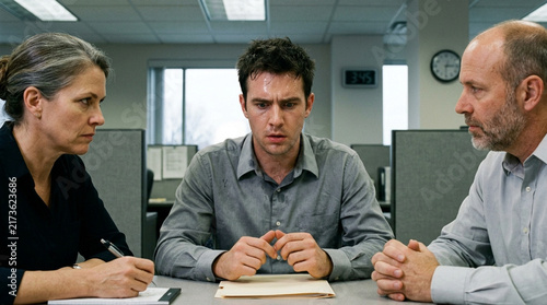 Stressed and Sweating Office Worker Undergoing Intense Job Interview or Performance Review