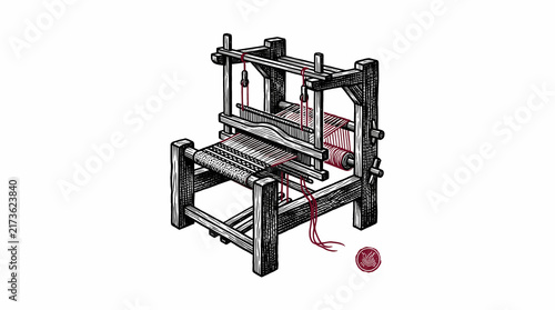 Traditional Wooden Handloom with Red Thread Ball in Vintage Woodcut Engraving Style