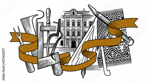 Traditional Crafts and Architecture Vintage Engraving with Ribbon Banner and Artisan Tools