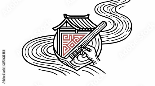 Traditional Asian Craftsmanship and Calligraphy Painting Brush with Pagoda Temple in Vintage Engraving Style