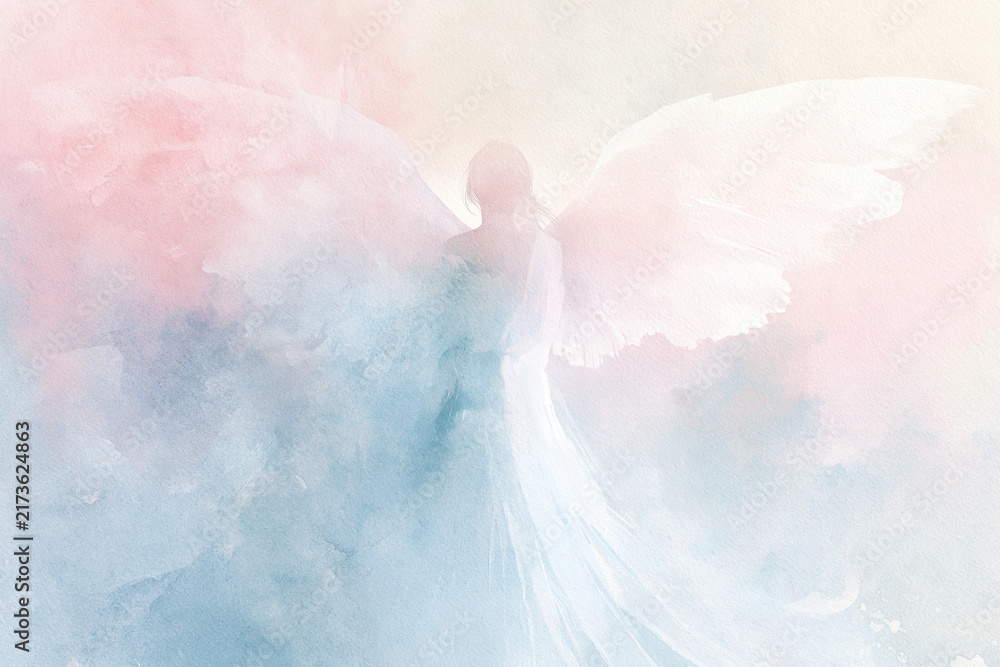 Naklejka premium Gentle Watercolor Angel with Large Wings
